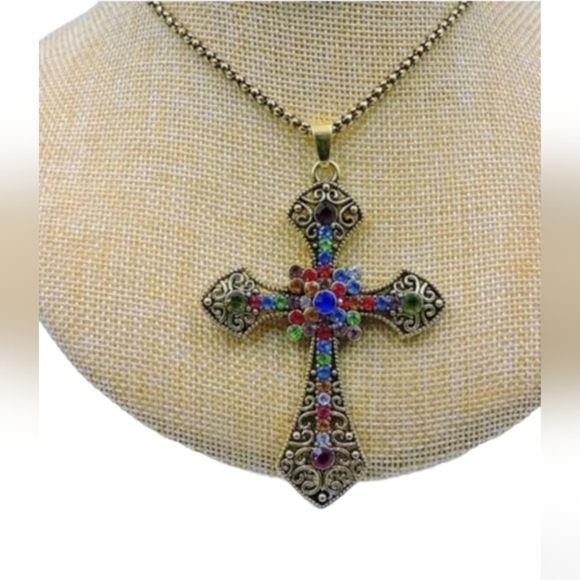 Betsey Johnson Cross necklace gold tone, multi color rhinestones NWT - Picture 2 of 6